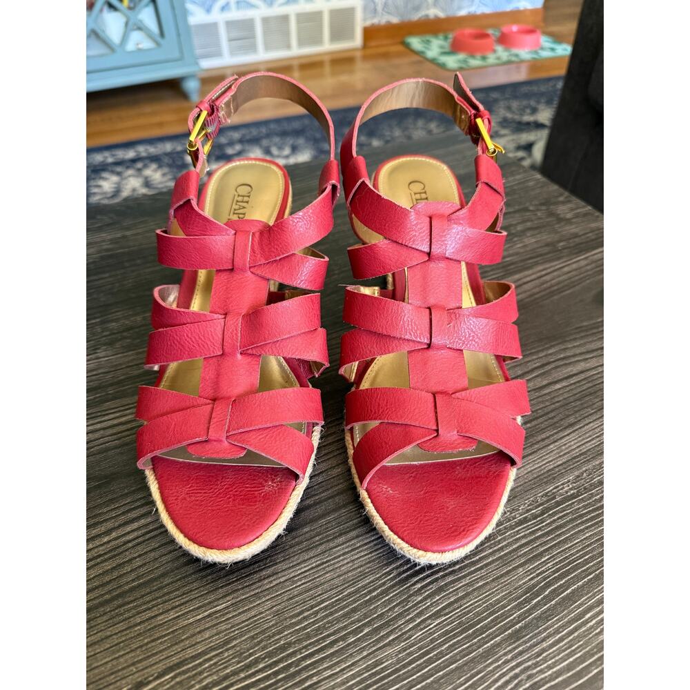 6/$25 Chaps Dallyn Wedge Espadrilles Peep Toe Tumbled Vachetta Sandals Sz. 9.5